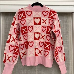Studio Heart and Cross Pattern Sweater in Pink and Red
